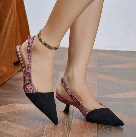 Slingback Kitten Heel with Black‎ Suede and Pink Snakeskin Print Pointed Shoes - Picture 1 of 8